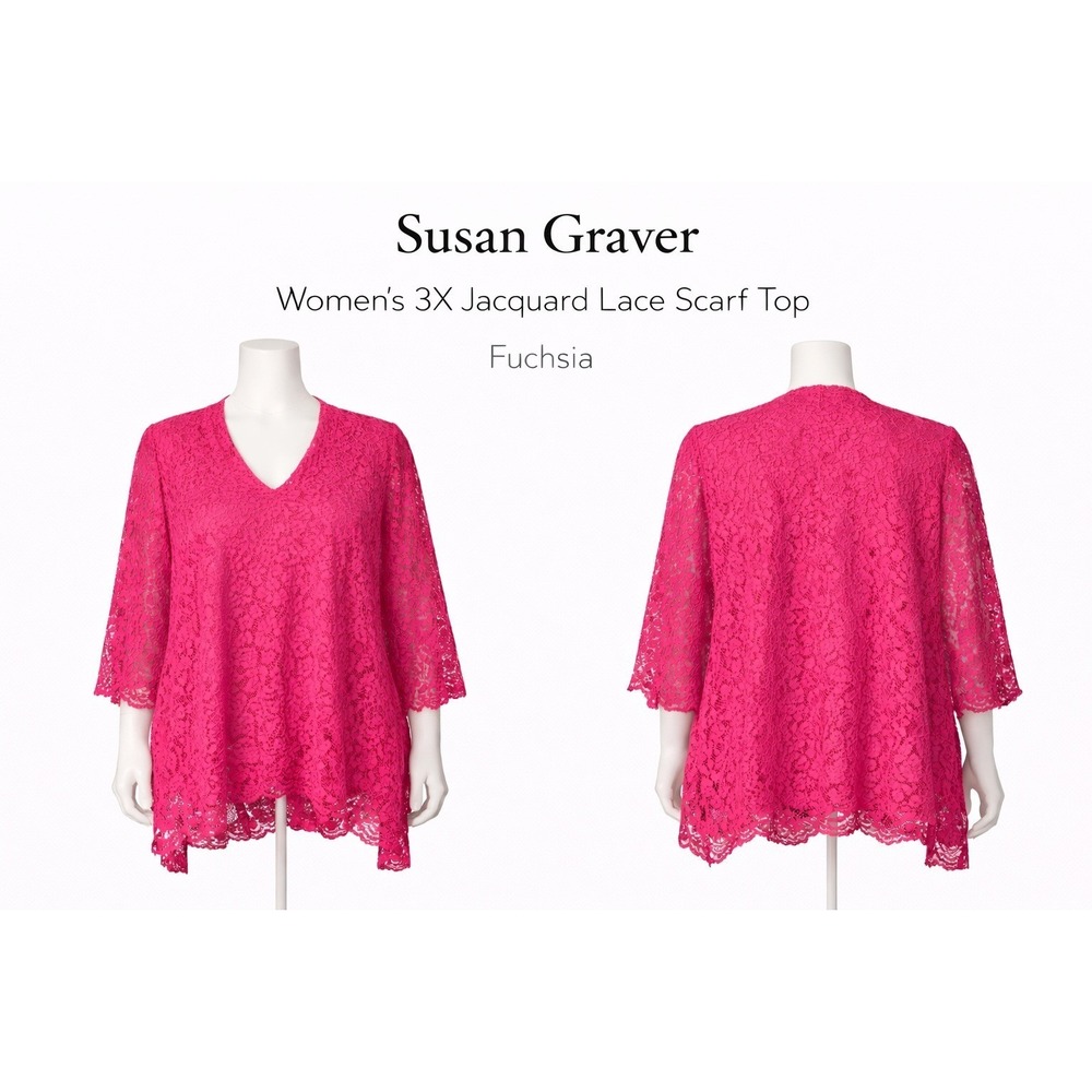 Susan Graver Womens 3X Jacquard Lace Scarf Top 2pc Set Fuchsia Pink A234682
